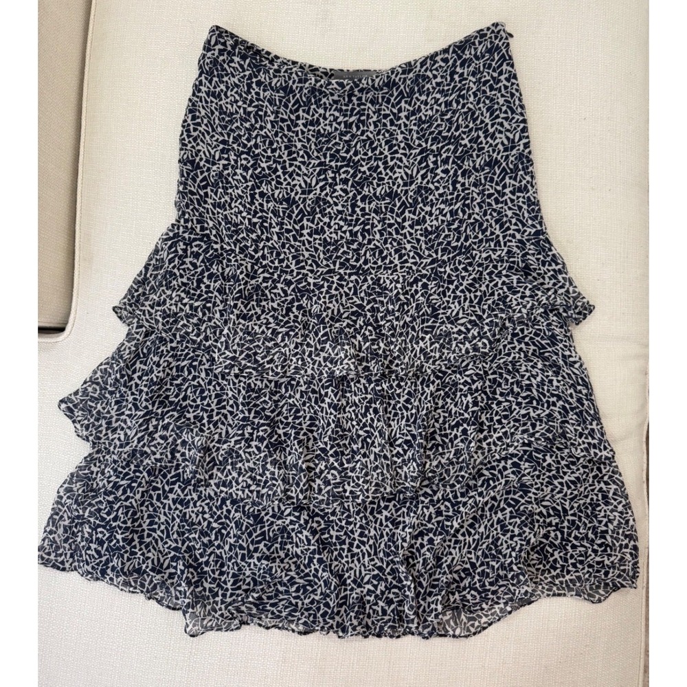 Ann Taylor Skirt Womens 12 Tiered Ruffle 100% Silk Navy Geometric Excellent